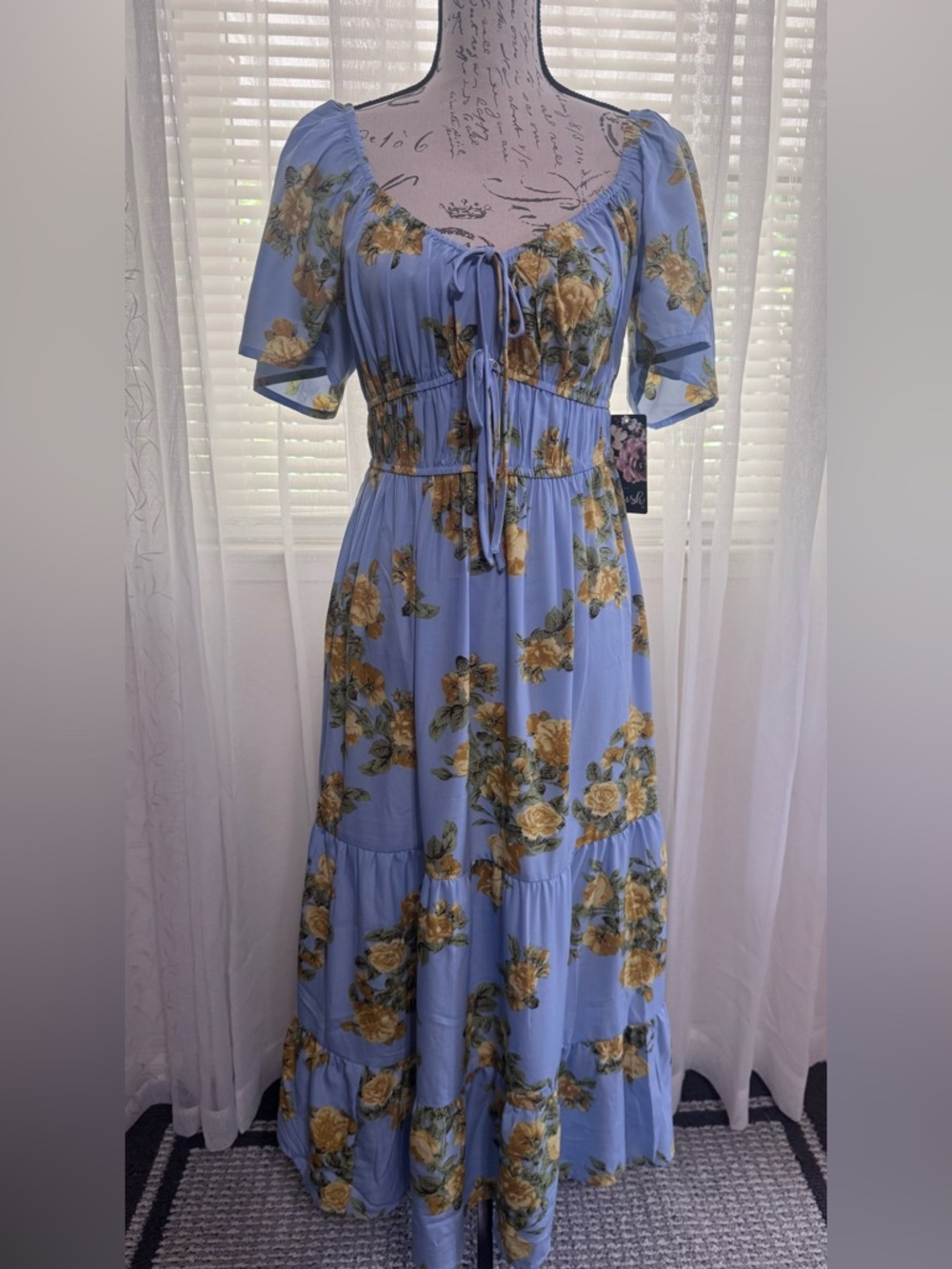 Blush Light blue Maxi Dress with Yellow Rose Print